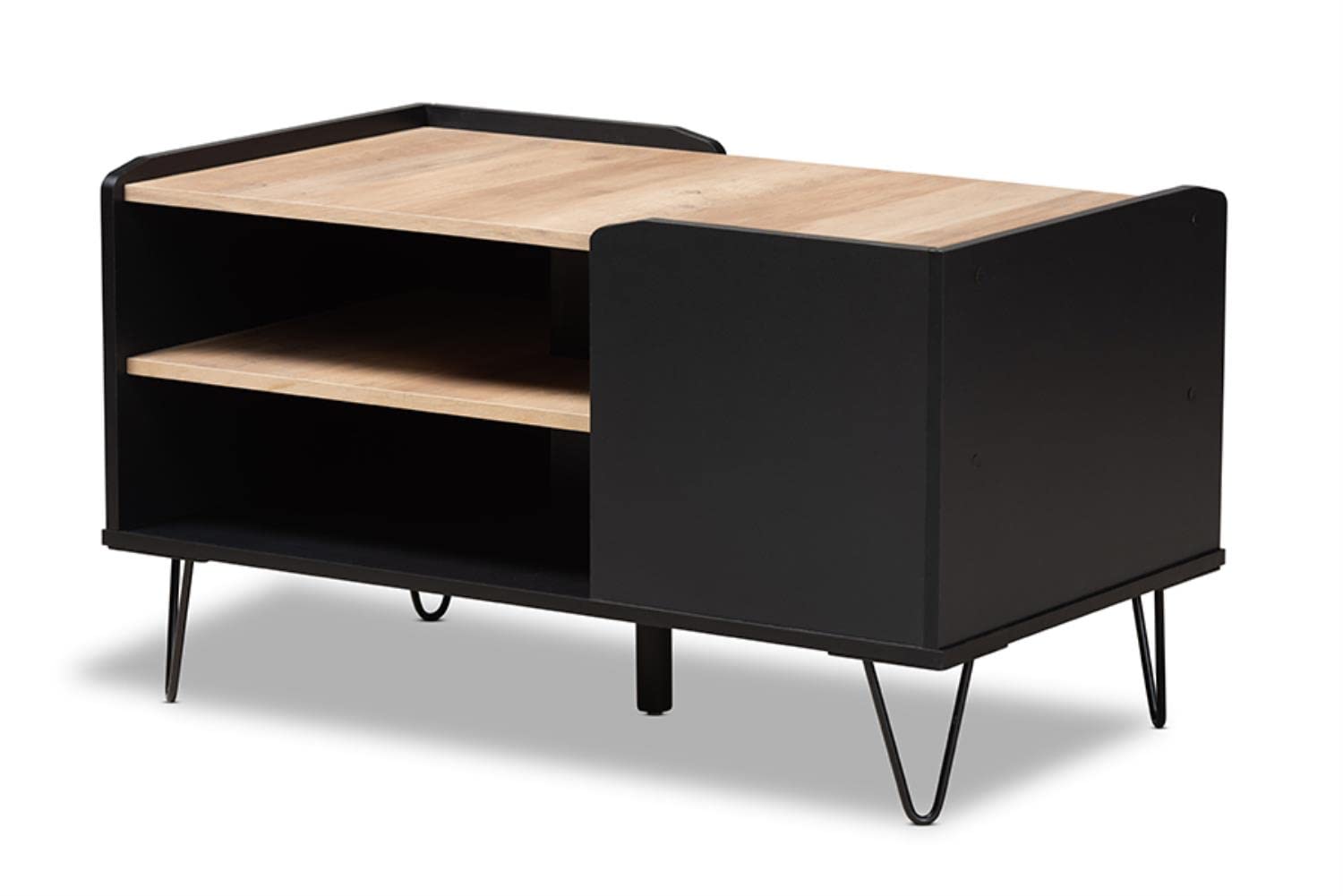 Baxton Studio Lilith Modern and Contemporary Two-Tone Black and Oak Brown Finished Wood and Metal 3-Tier Coffee Table